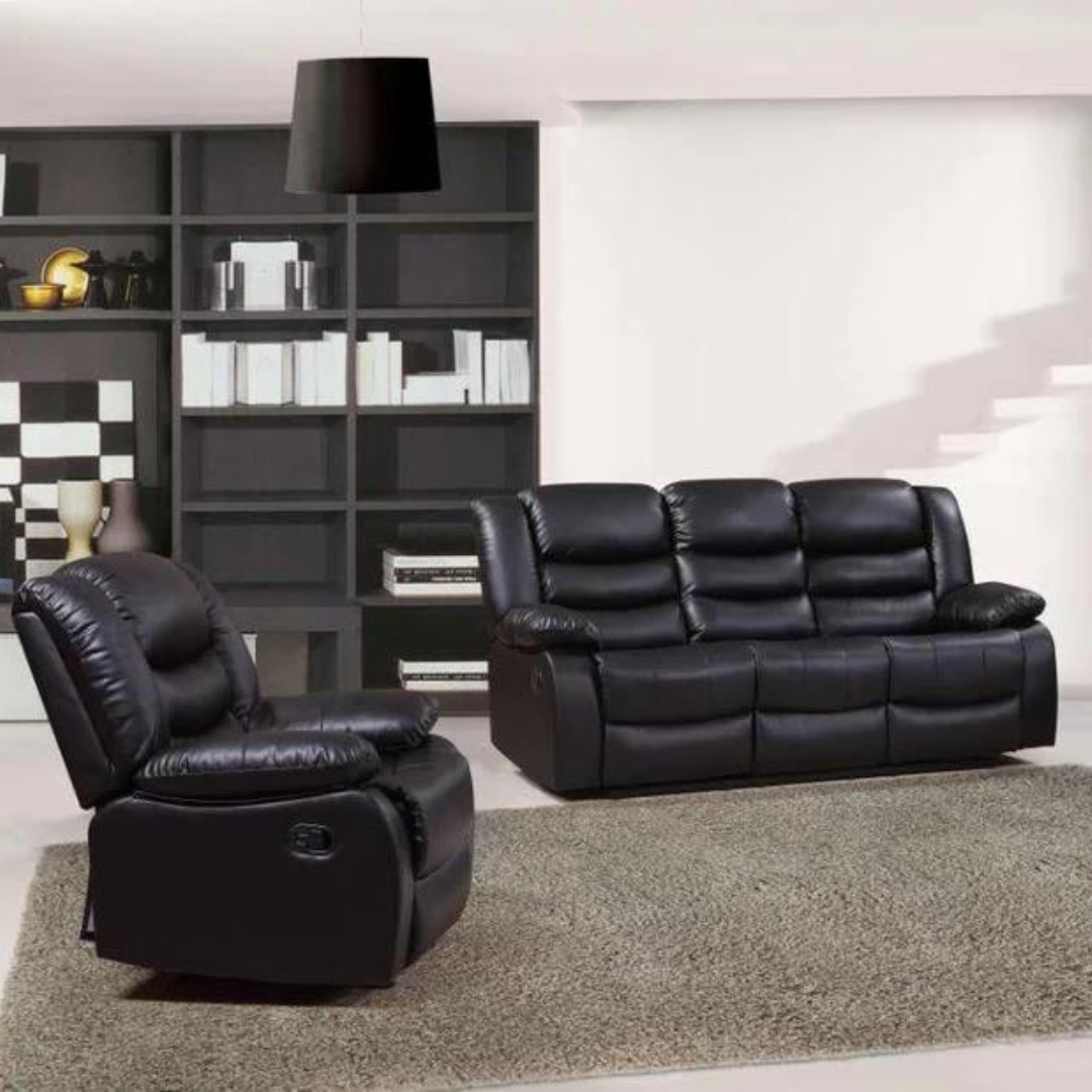 Roman Leather Recliner Sofa Set In Black, Grey And Brown