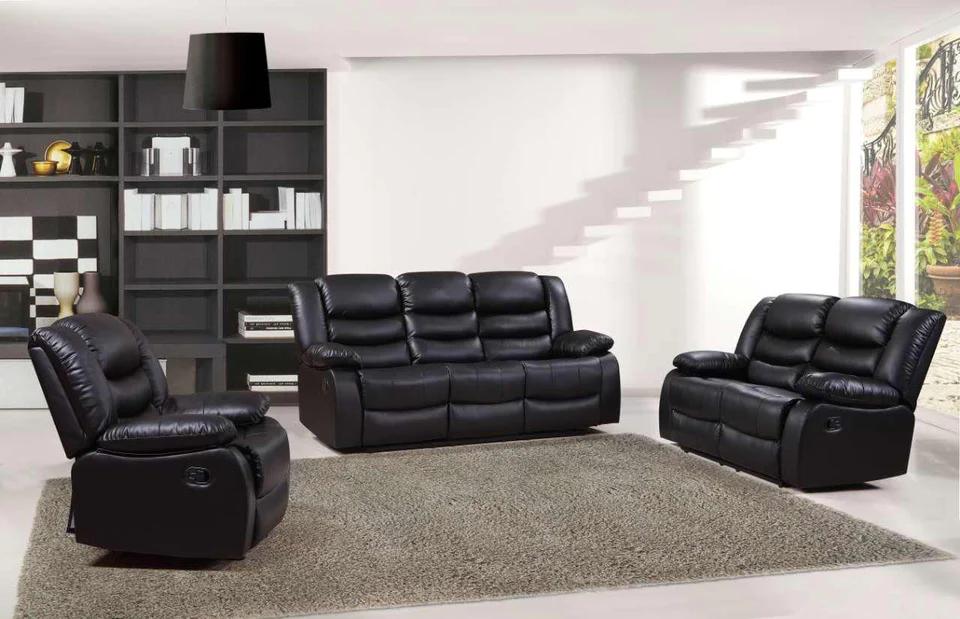 Roman Leather Recliner Sofa Set In Black, Grey And Brown