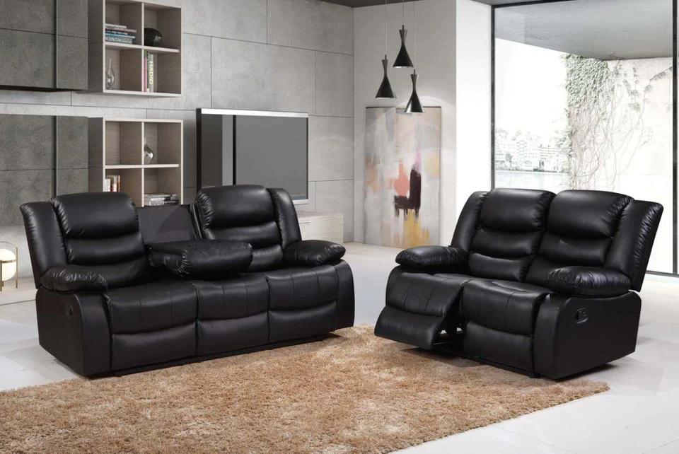 Roman Leather Recliner Sofa Set In Black, Grey And Brown